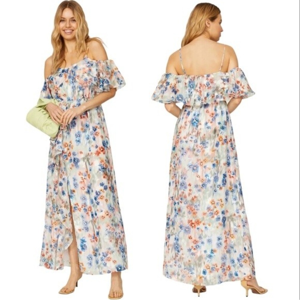 Tanya Taylor Lorena Maxi Dress Floral Print Ruffle Trim Floral Flowy Boho Beachy